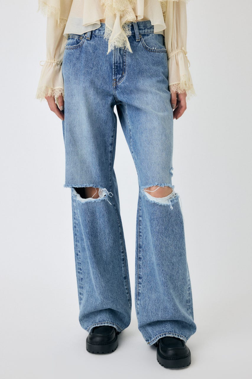 MOUSSY メタリックシルバー ストレートデニム MOUSSY | KNEE SLIT WIDE ストレート デニム (ワイド ) |SHEL