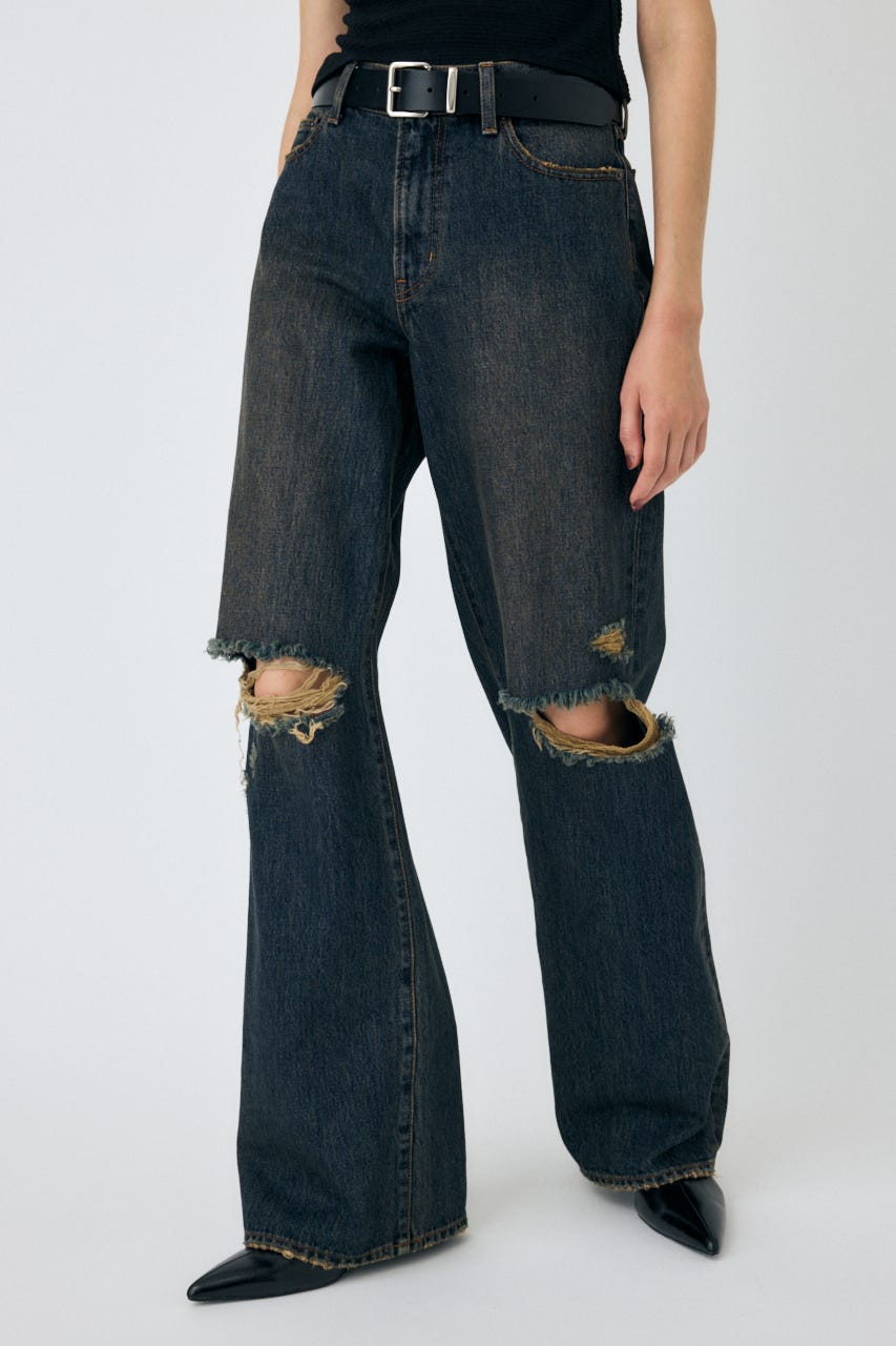 MOUSSY | KNEE SLIT WIDE ストレート デニム (ワイド ) |SHEL