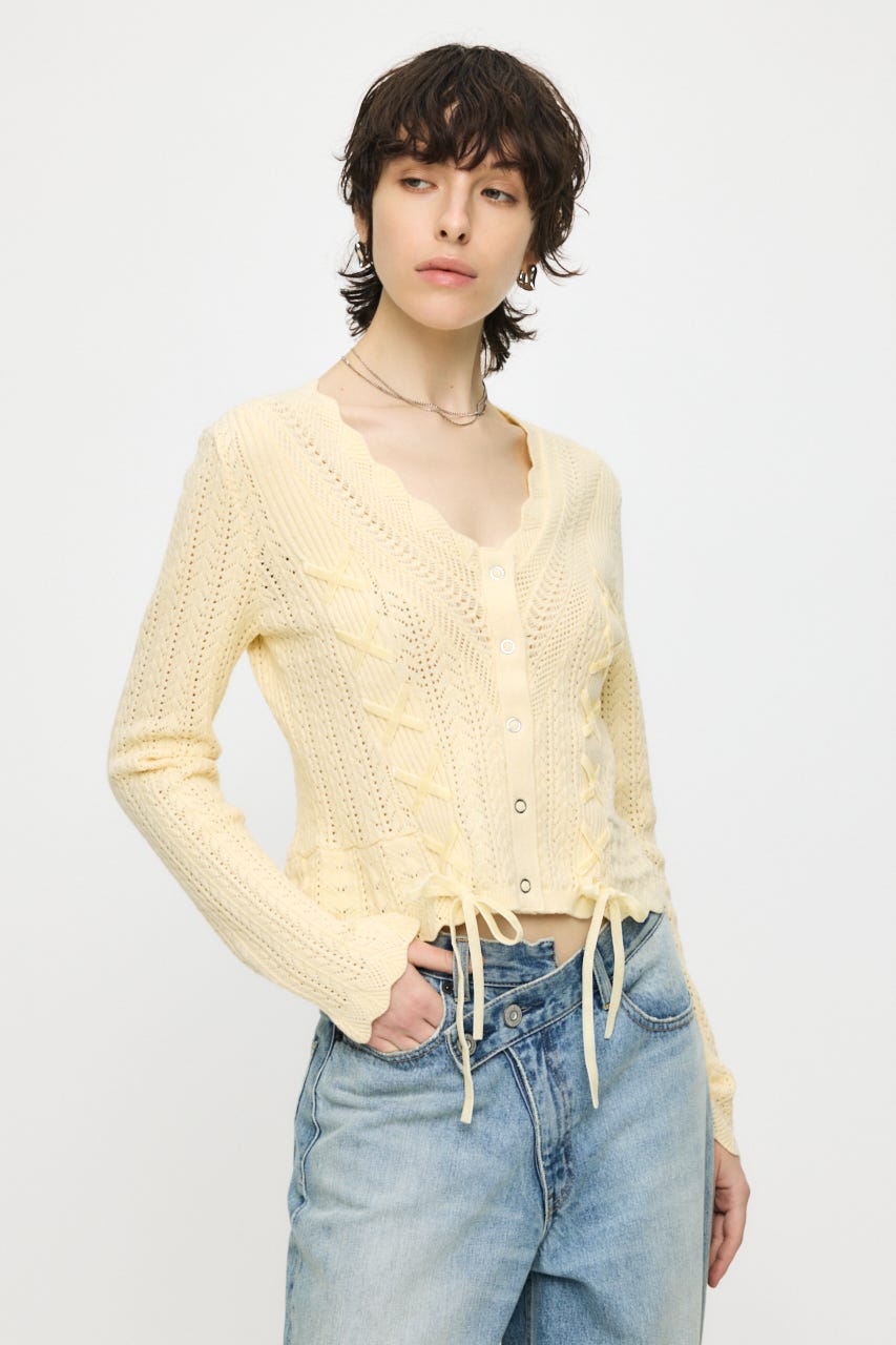 LACE UP RIBBON カーディガン L/YEL FREE
