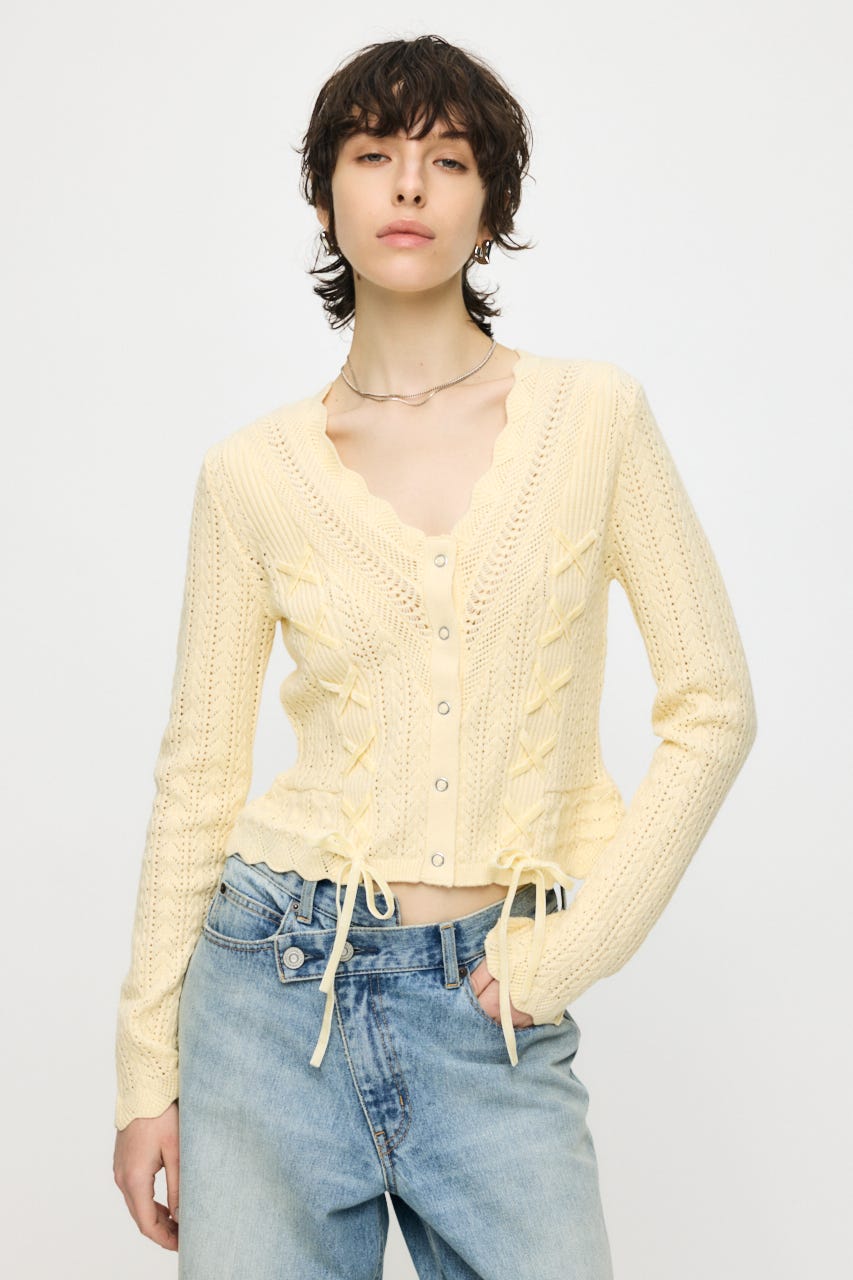 LACE UP RIBBON カーディガン L/YEL FREE