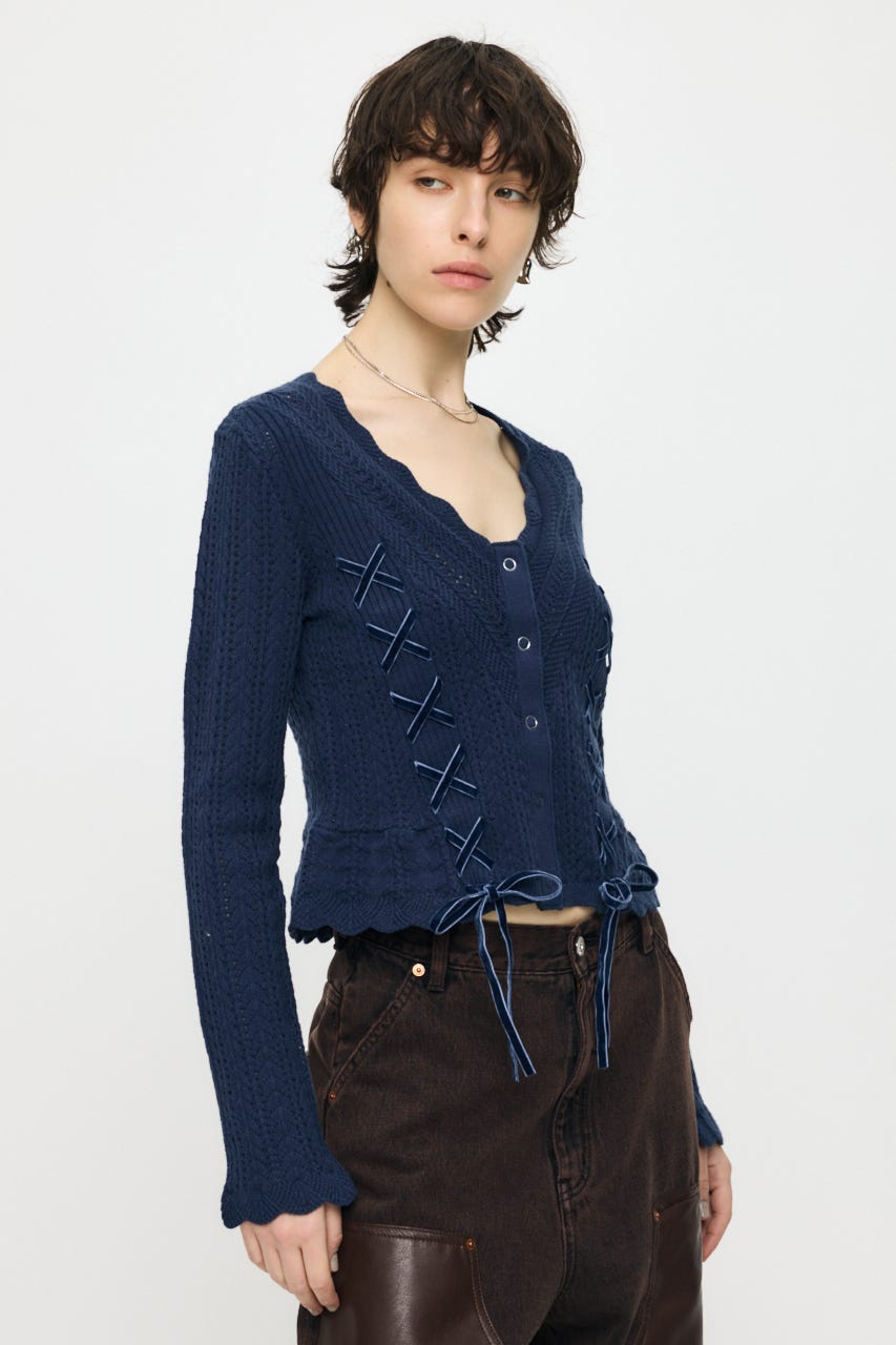 LACE UP RIBBON カーディガン NVY FREE