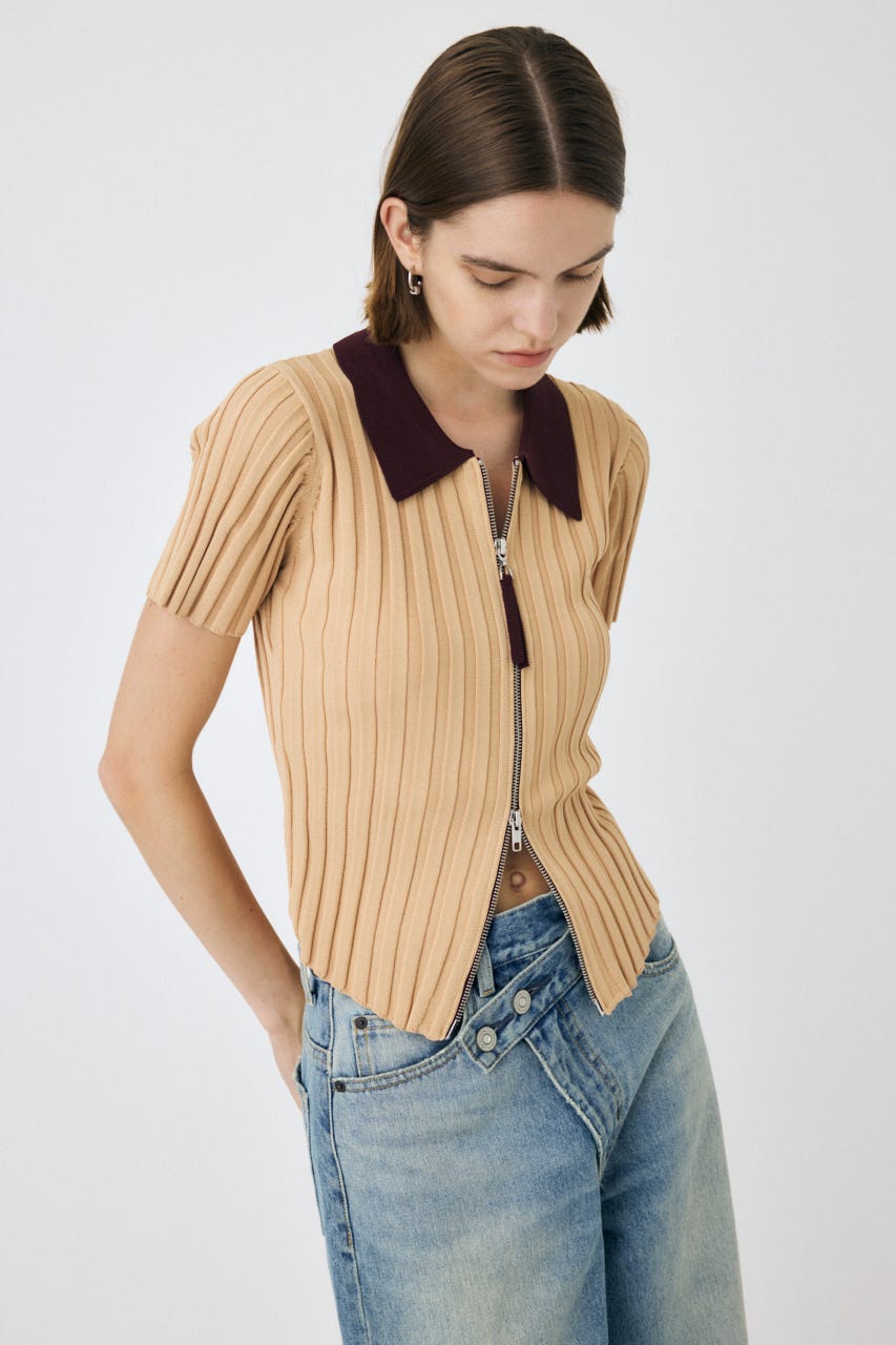 MOUSSY | ZIP UP RIB KNIT H/S シャツ (シャツ・ブラウス