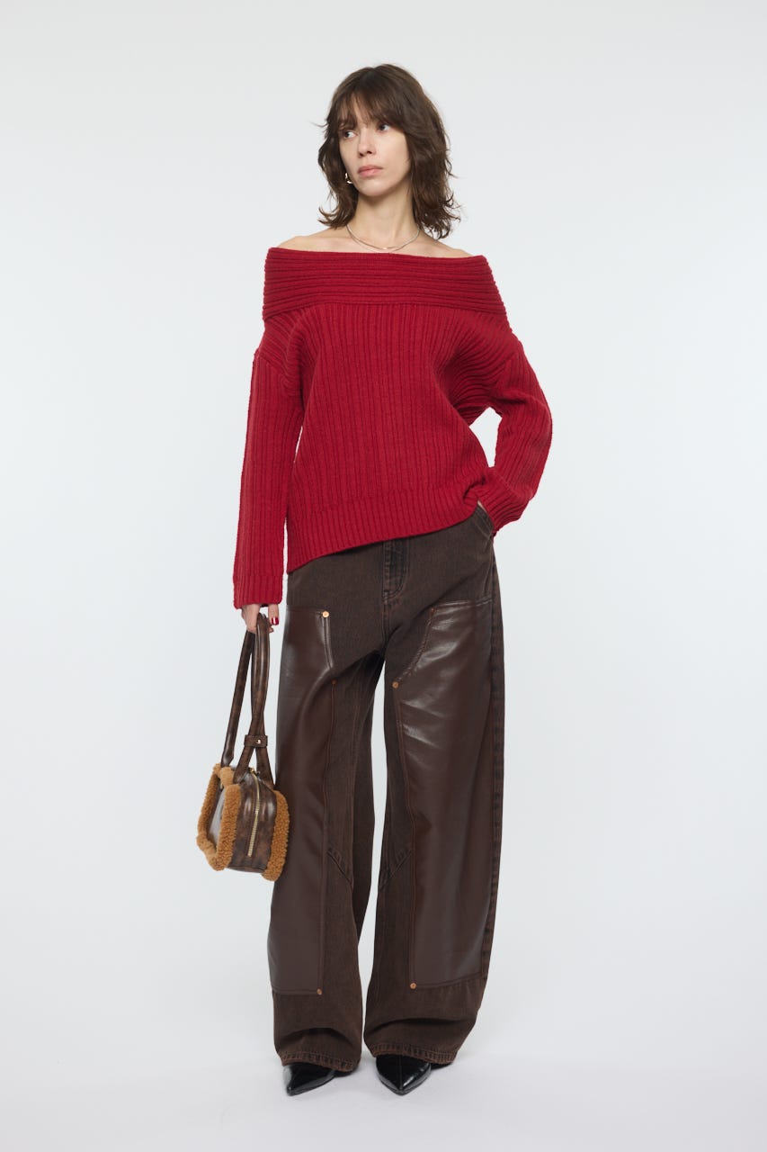 OVER RIB OFF SHOULDER トップス RED FREE