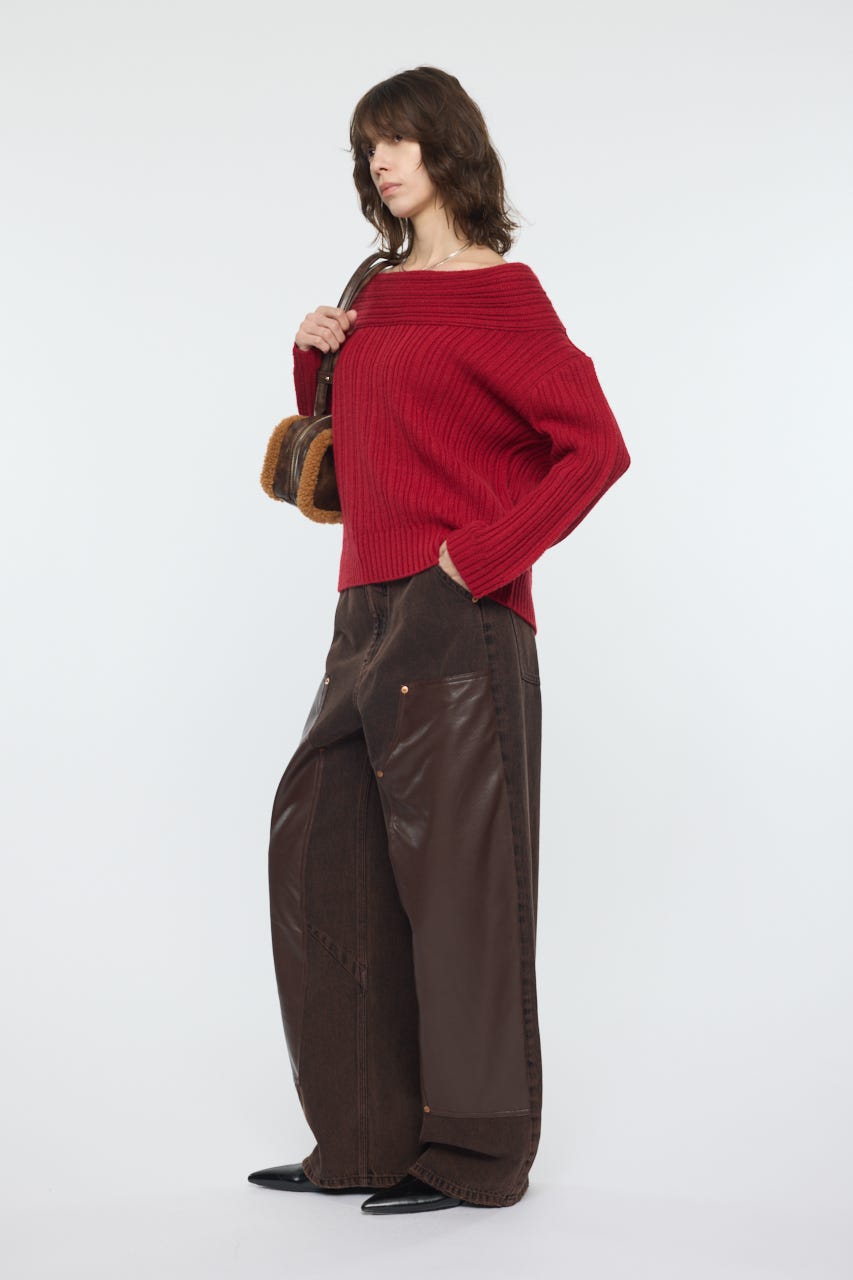 OVER RIB OFF SHOULDER トップス RED FREE