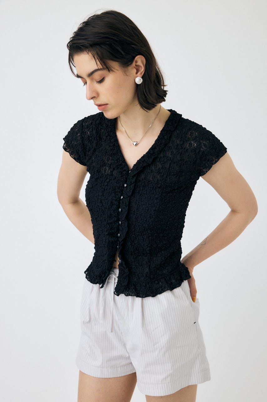 【極美品】MOUSSY RUFFLE LACE ノースリーブトップス ブラック MOUSSY | RUFFLE LACE ノースリーブトップス (Tシャツ