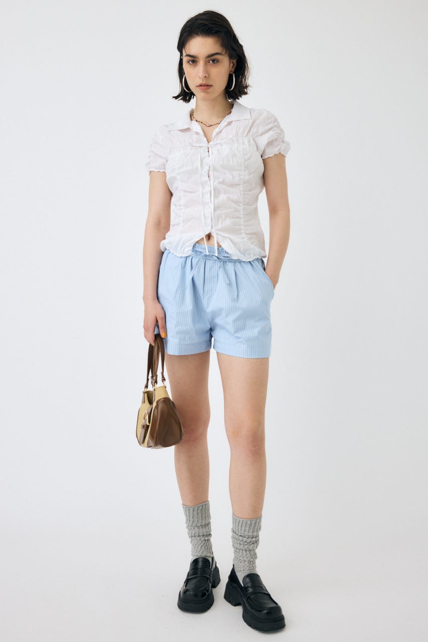 SHIRRING RIBBON SHIRT / シャーリングリボンシャツ　水色 セットアップ対応】SHIRRING RIBBON シャツ（シャツ/ブラウス