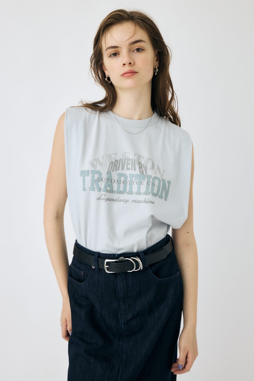 OVERLAPPING LOGOS ノースリーブ TEE L/BLU FREE