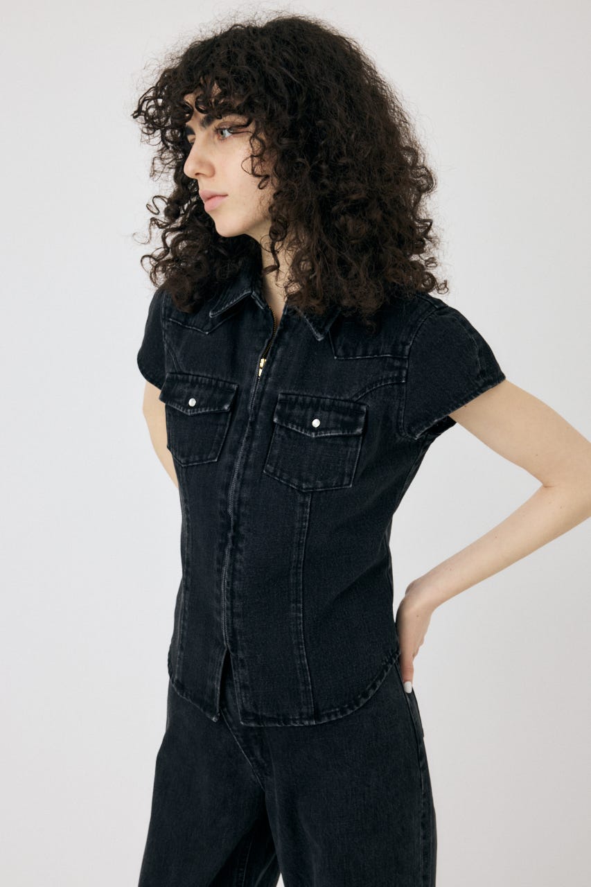 ロージーモンスター　パフスリーブ シアーミニフリルシャツ ブラック MOUSSY | CAP SLEEVE デニムシャツ (シャツ・ブラウス ) |SHEL'TTER