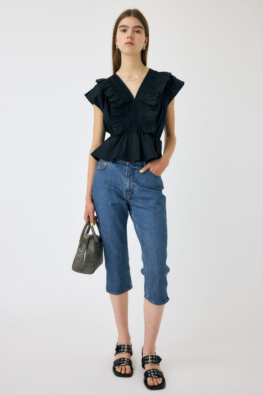 SHIRRING RUFFLE PEPLUM トップス BLK FREE