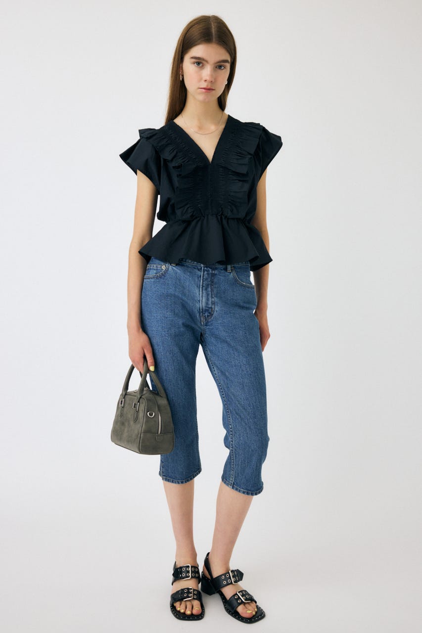 SHIRRING RUFFLE PEPLUM トップス BLK FREE