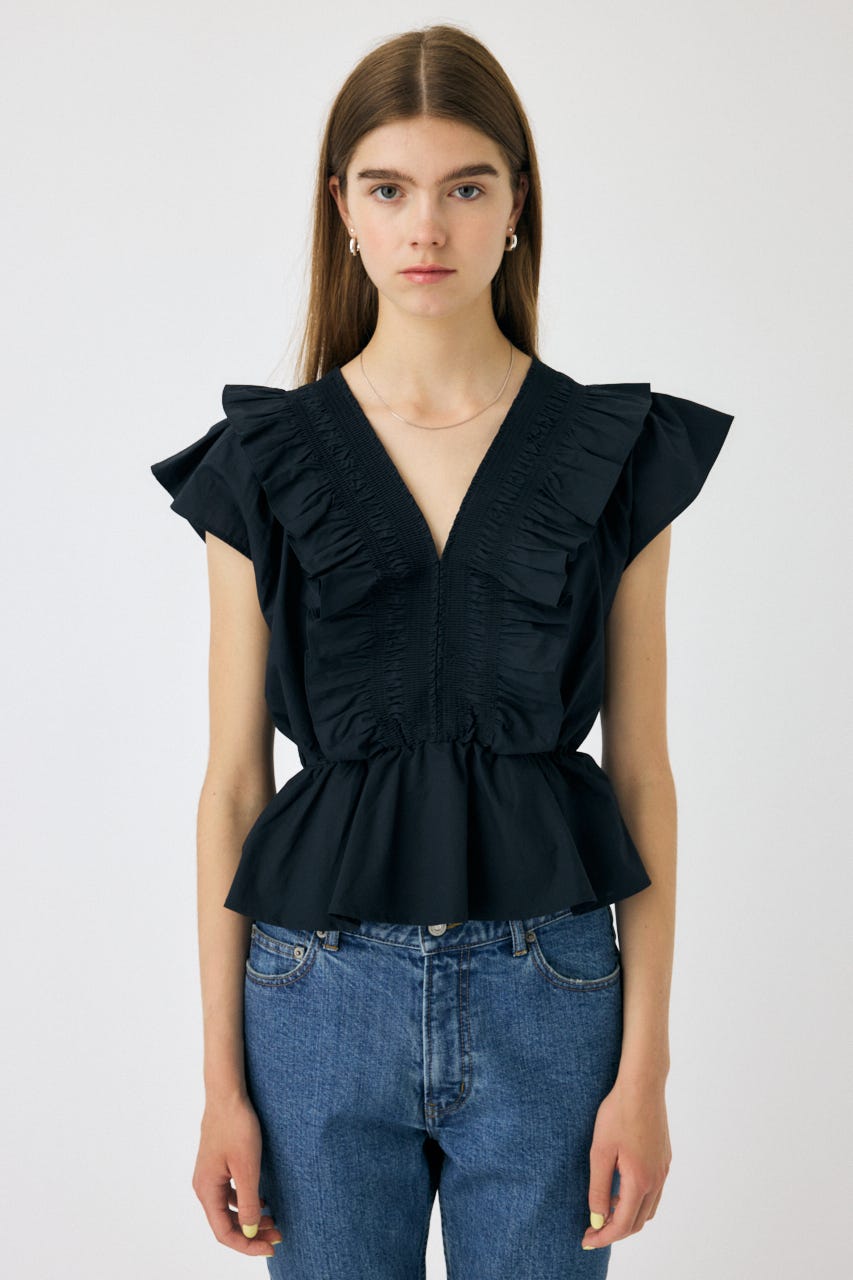 SHIRRING RUFFLE PEPLUM トップス BLK FREE