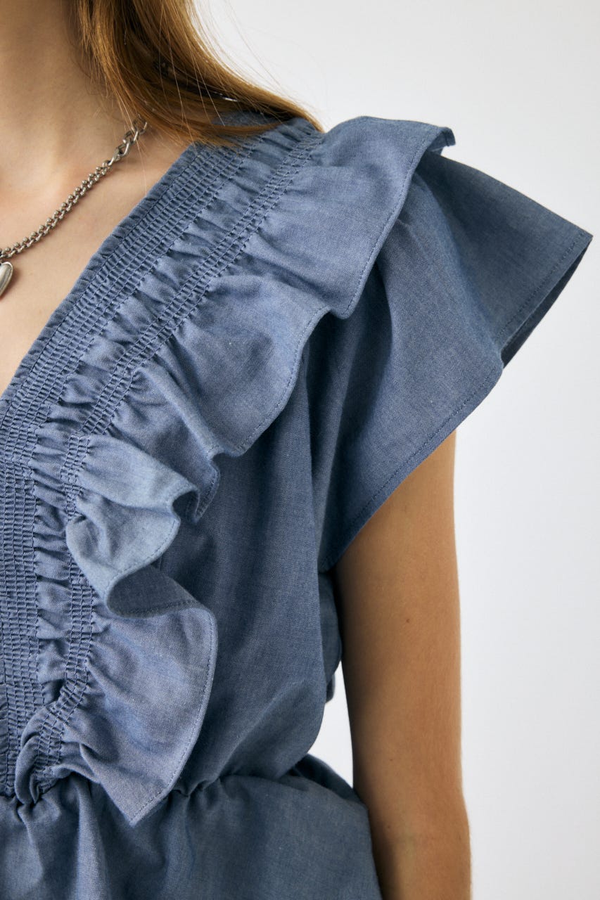 SHIRRING RUFFLE PEPLUM トップス BLU BLU FREE
