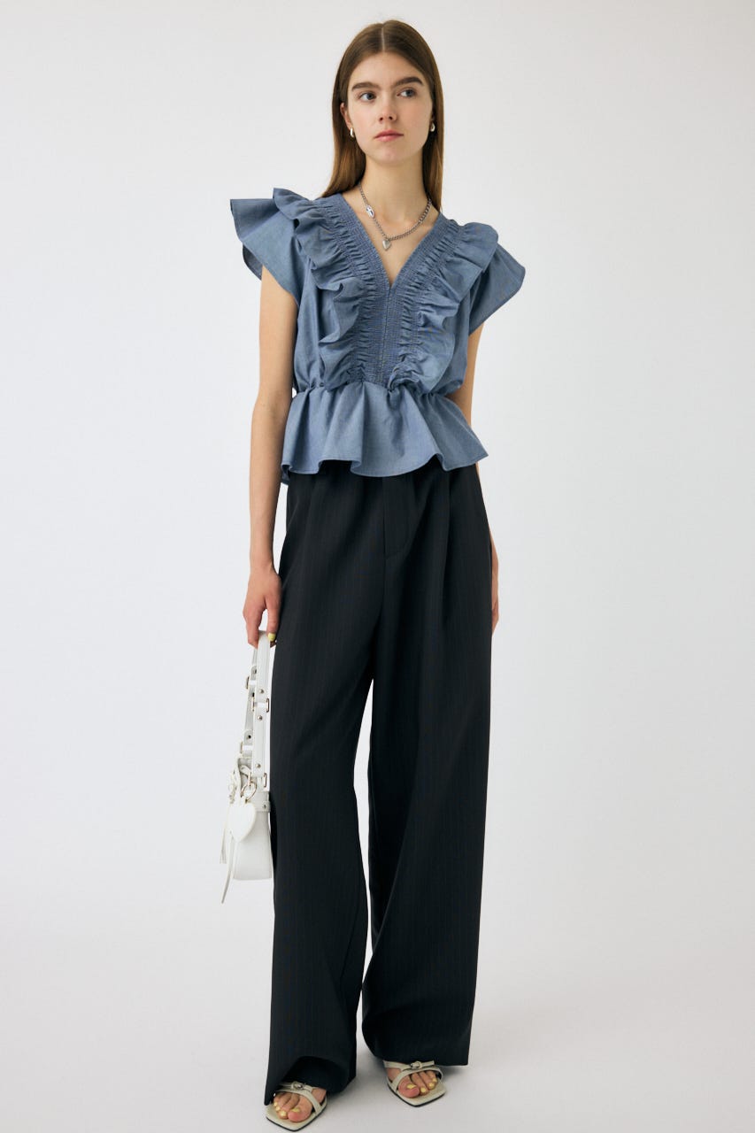 MOUSSY SHIRRING RUFFLE PEPLUM トップス / ブルー MOUSSY ブラウス シャツ SHIRRING RUFFLE PEPLUM トップス
