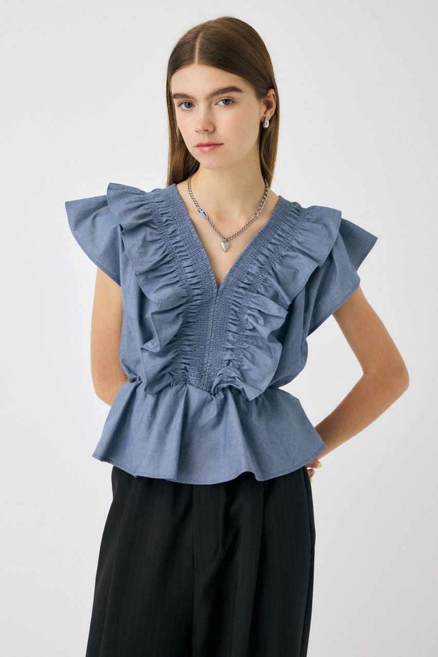 新品未使用【MOUSSY】SHIRRING RUFFLE PEPLUM トップス SHIRRING RUFFLE PEPLUM トップス / ブルー（シャツ/ブラウス