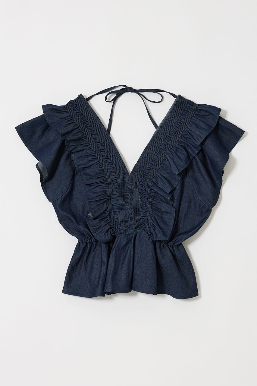 SHIRRING RUFFLE PEPLUM トップス BLU D/BLU FREE