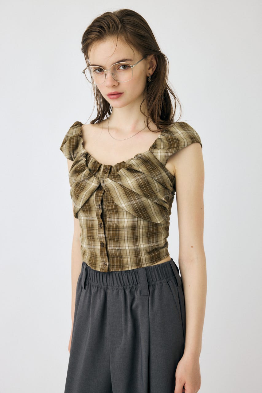 LAYERED GATHERED CHECK ブラウス BEG 2