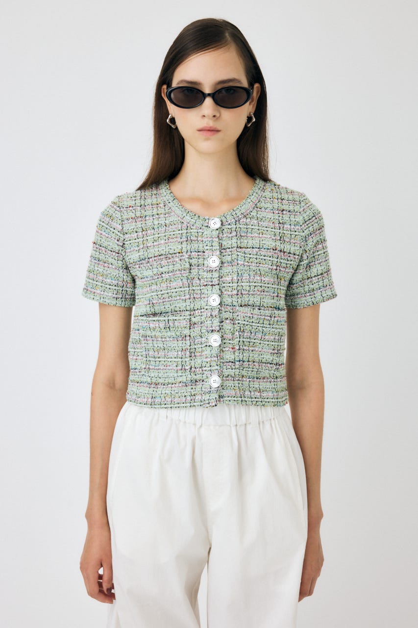 今期mashmania ツイード柄 半袖トップス MOUSSY | TWEED LIKE トップス (Tシャツ・カットソー(半袖