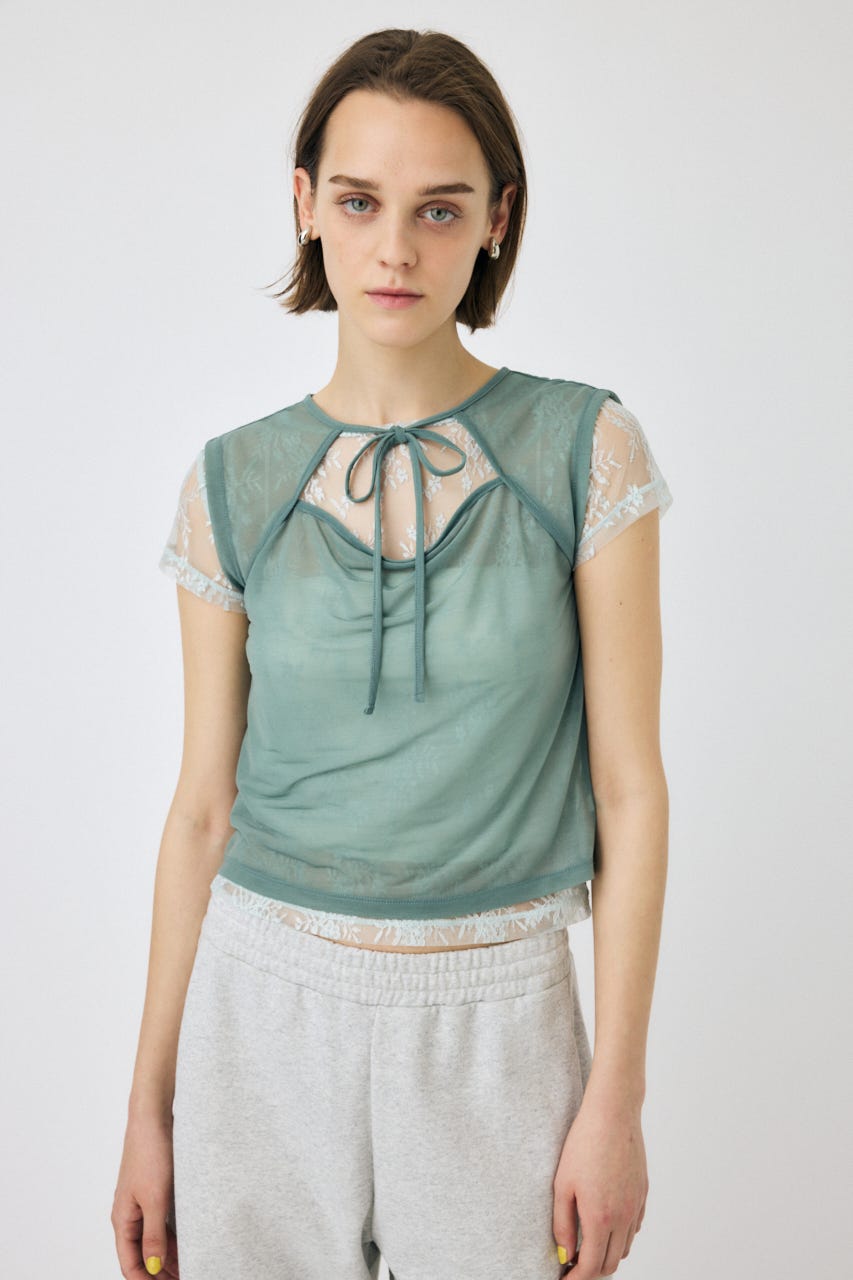 LACE LAYERED OPEN NECK トップス L/BLU FREE