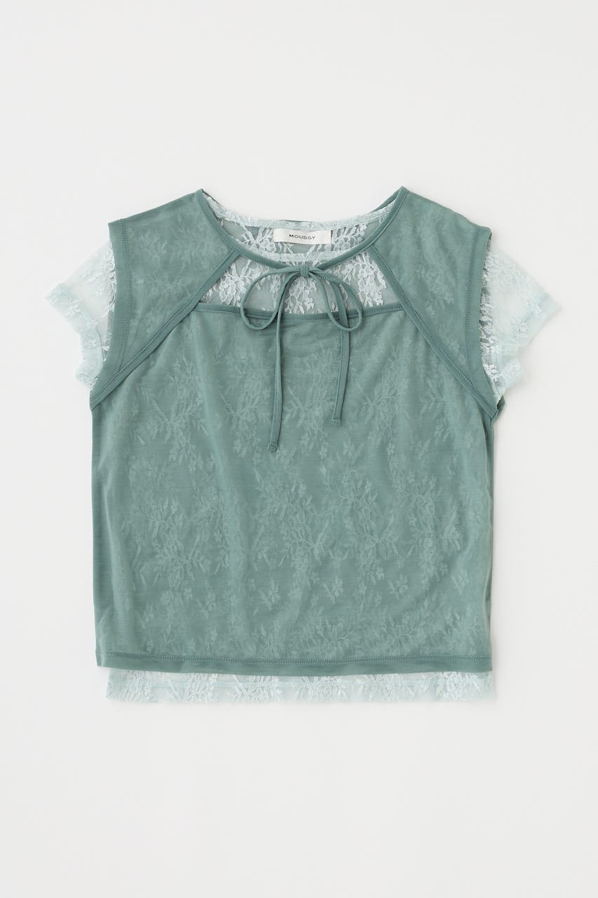 LACE LAYERED OPEN NECK トップス L/BLU FREE