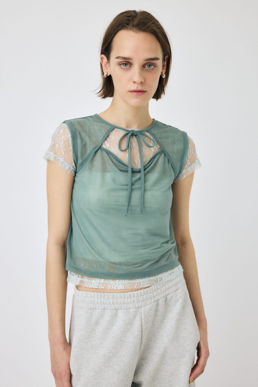 LACE LAYERED OPEN NECK トップス L/BLU FREE
