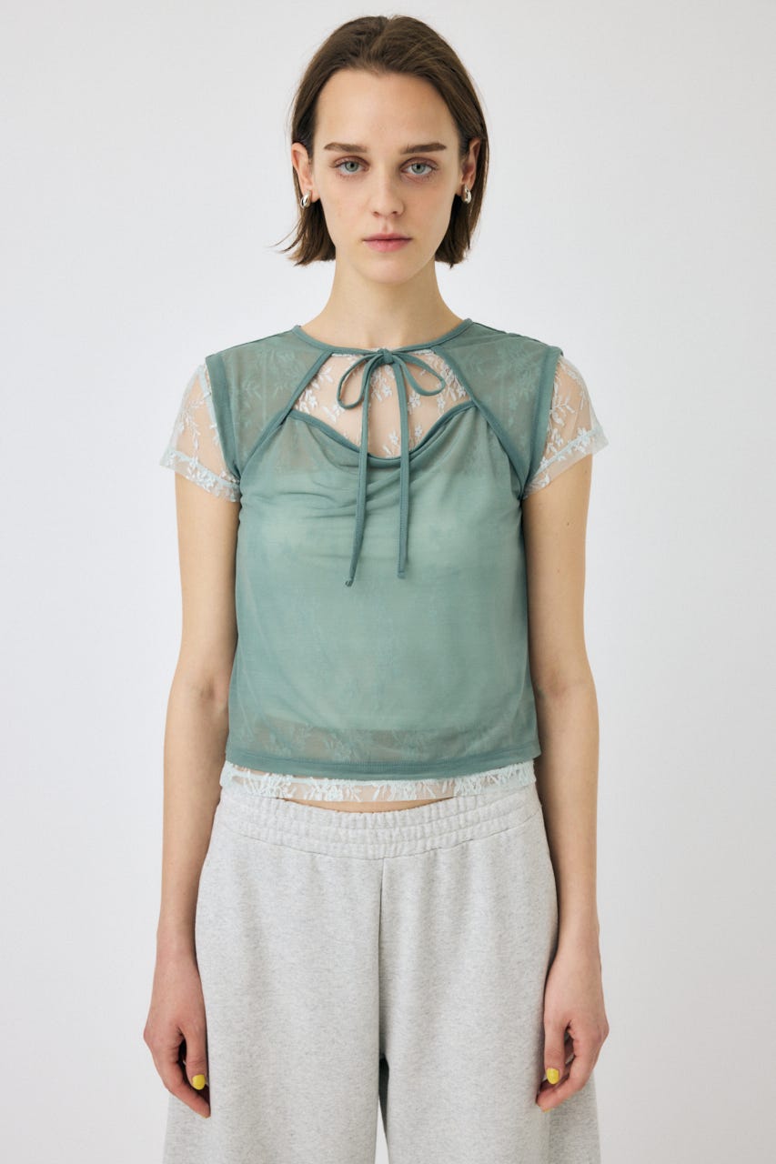 LACE LAYERED OPEN NECK トップス L/BLU FREE