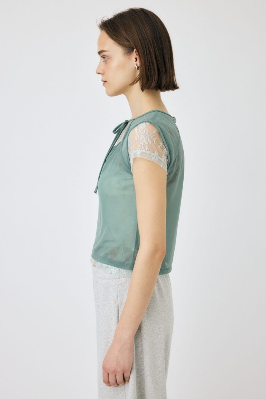 LACE LAYERED OPEN NECK トップス L/BLU FREE