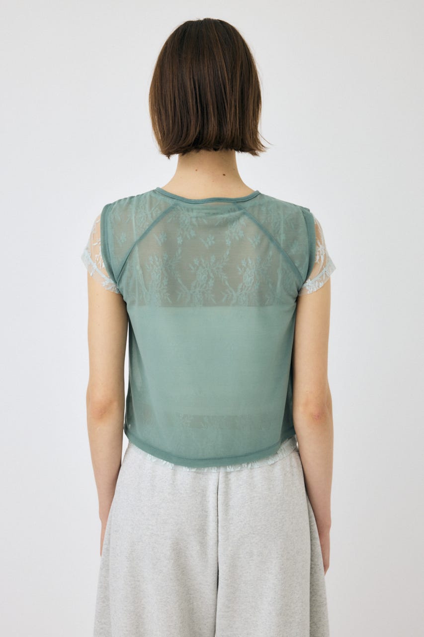 LACE LAYERED OPEN NECK トップス L/BLU FREE