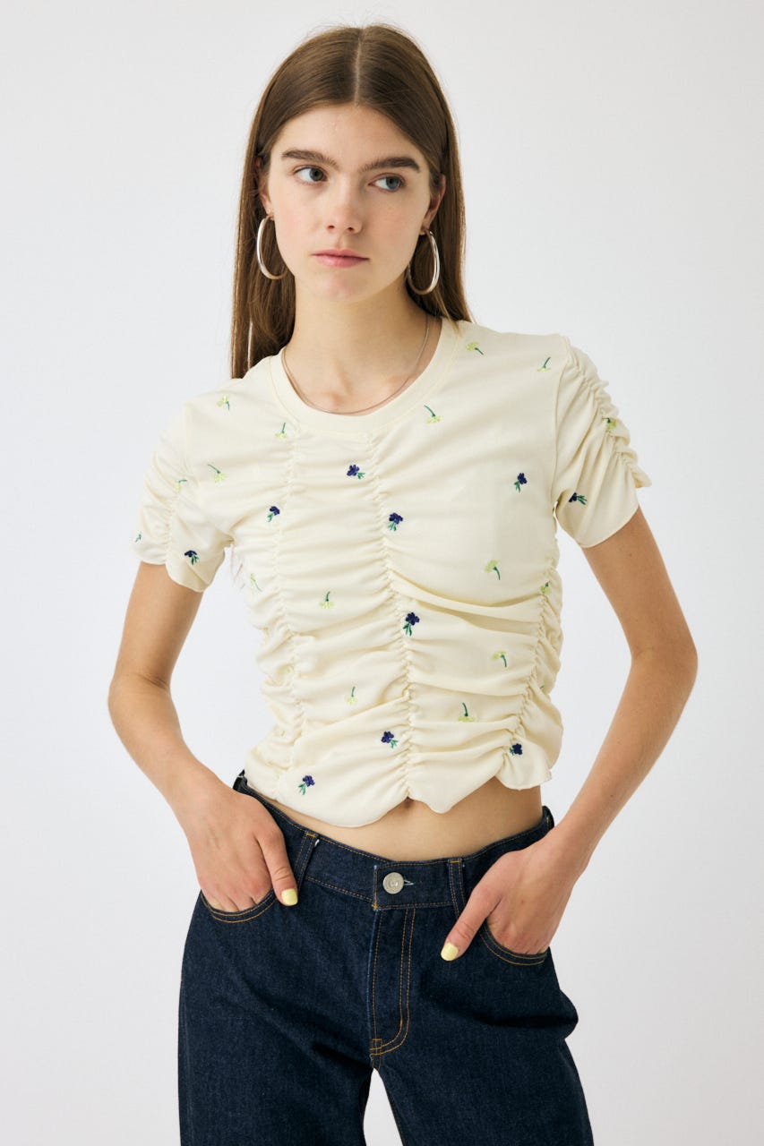 tシャツ 「WEB限定」FLORAL RANDOM GATHER Tシャツ レディース MOUSSY | 【WEB限定】FLORAL RANDOM ギャザーTシャツ (Tシャツ