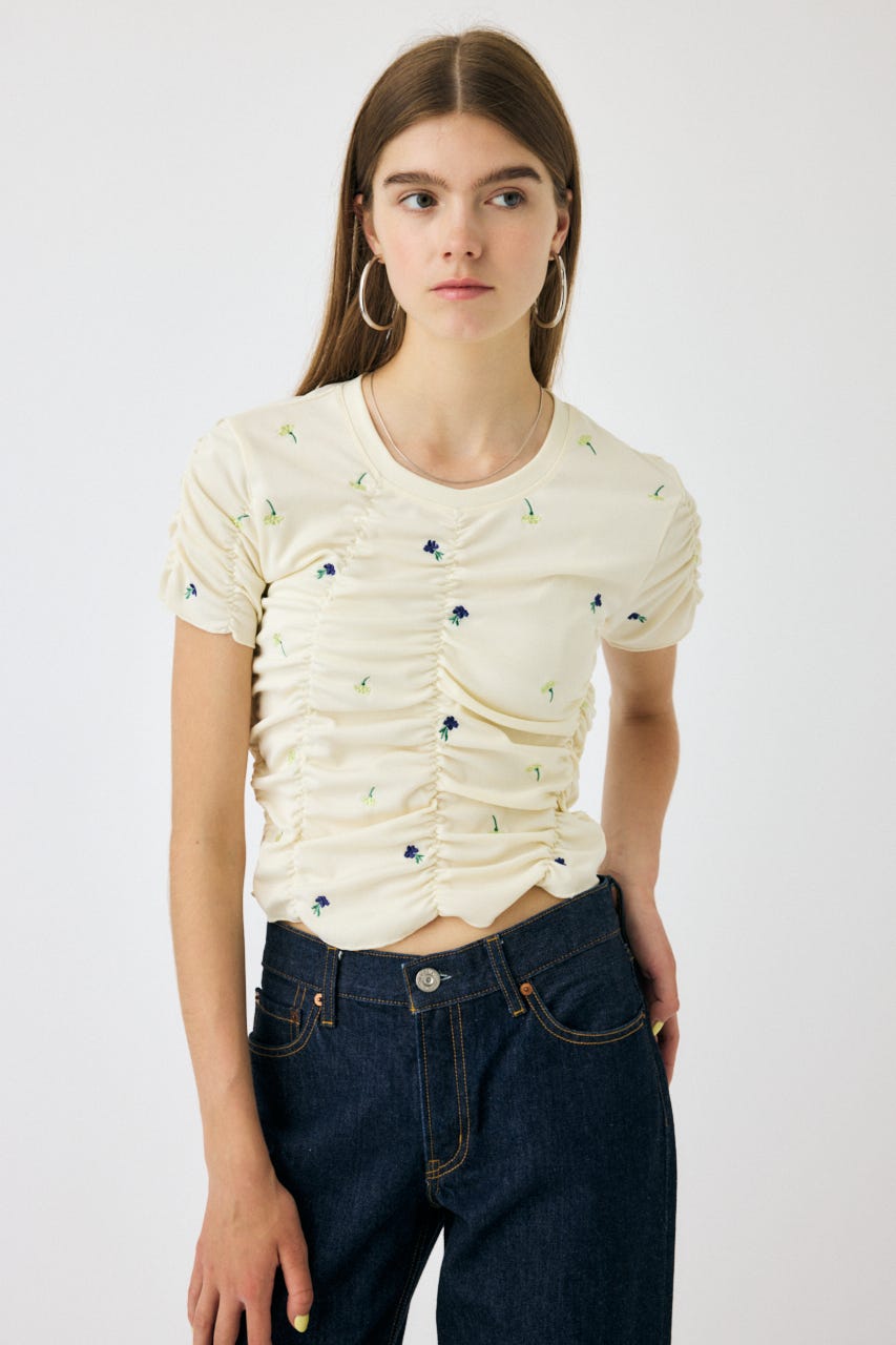 tシャツ Mesh Gather Flower T レディース MOUSSY | 【WEB限定】FLORAL RANDOM ギャザーTシャツ (Tシャツ