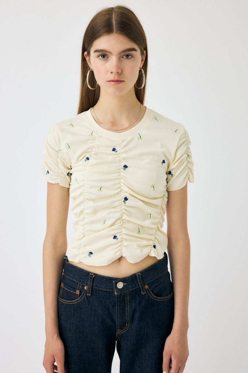 tシャツ Mesh Gather Flower T レディース MOUSSY | 【WEB限定】FLORAL RANDOM ギャザーTシャツ (Tシャツ