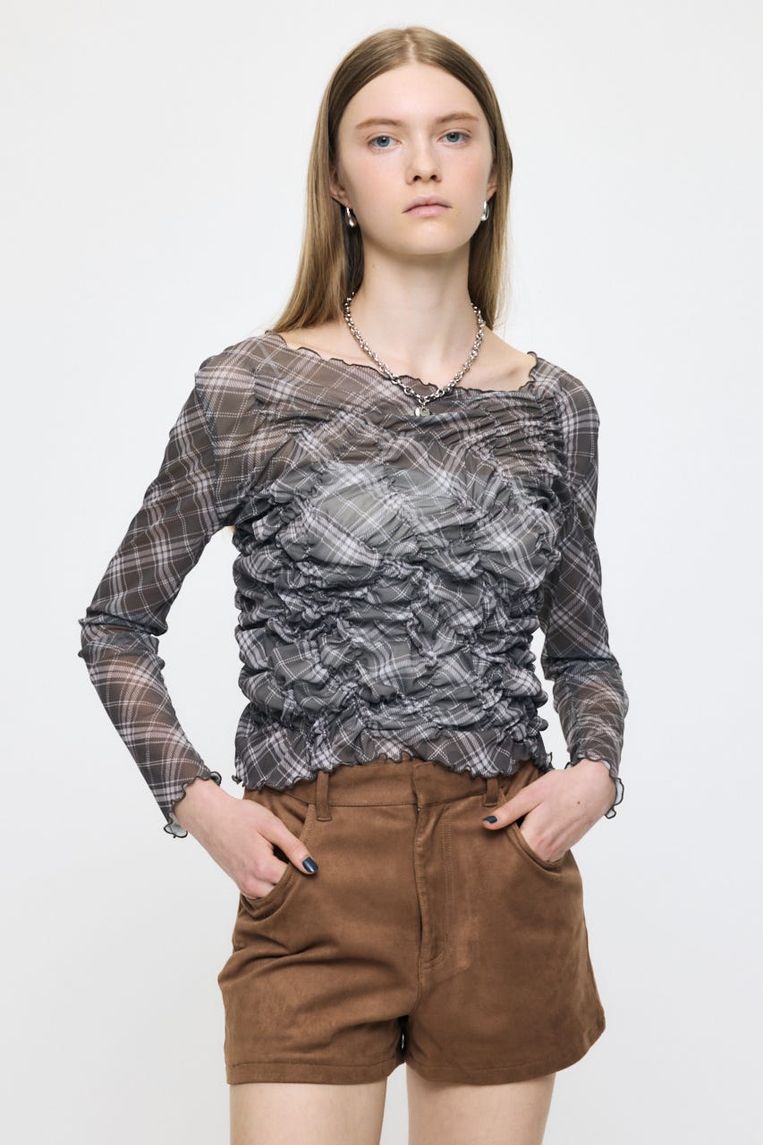 SHIRRING SHEER L/S Tシャツ 柄BRN FREE