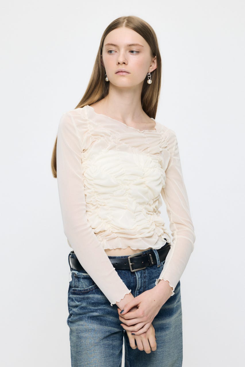 SHIRRING SHEER L/S Tシャツ IVOY FREE