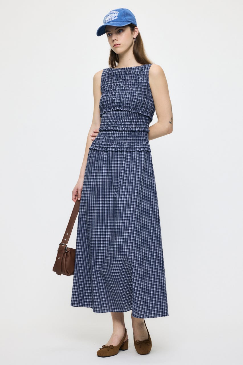 週末特別価格✨miumiuドレス ワンピース ジャガードネイビーコットン 44号 MOUSSY | SLEEVELESS PLAID CHECK ドレス (ワンピース(ロング
