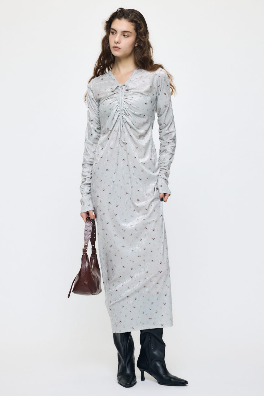 VELOUR V NECK MAXI ドレス 柄BEG 1