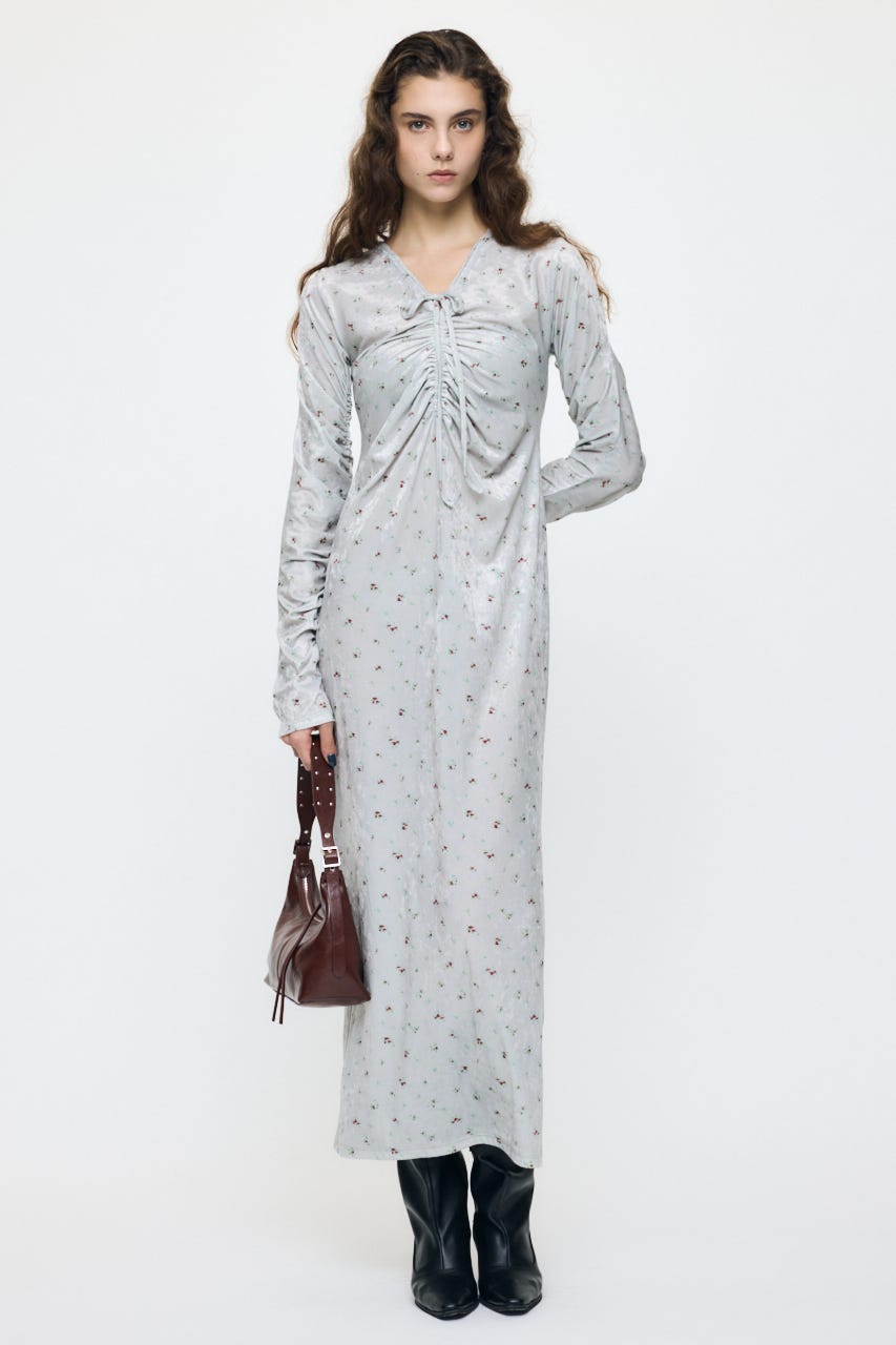 VELOUR V NECK MAXI ドレス 柄BEG 1