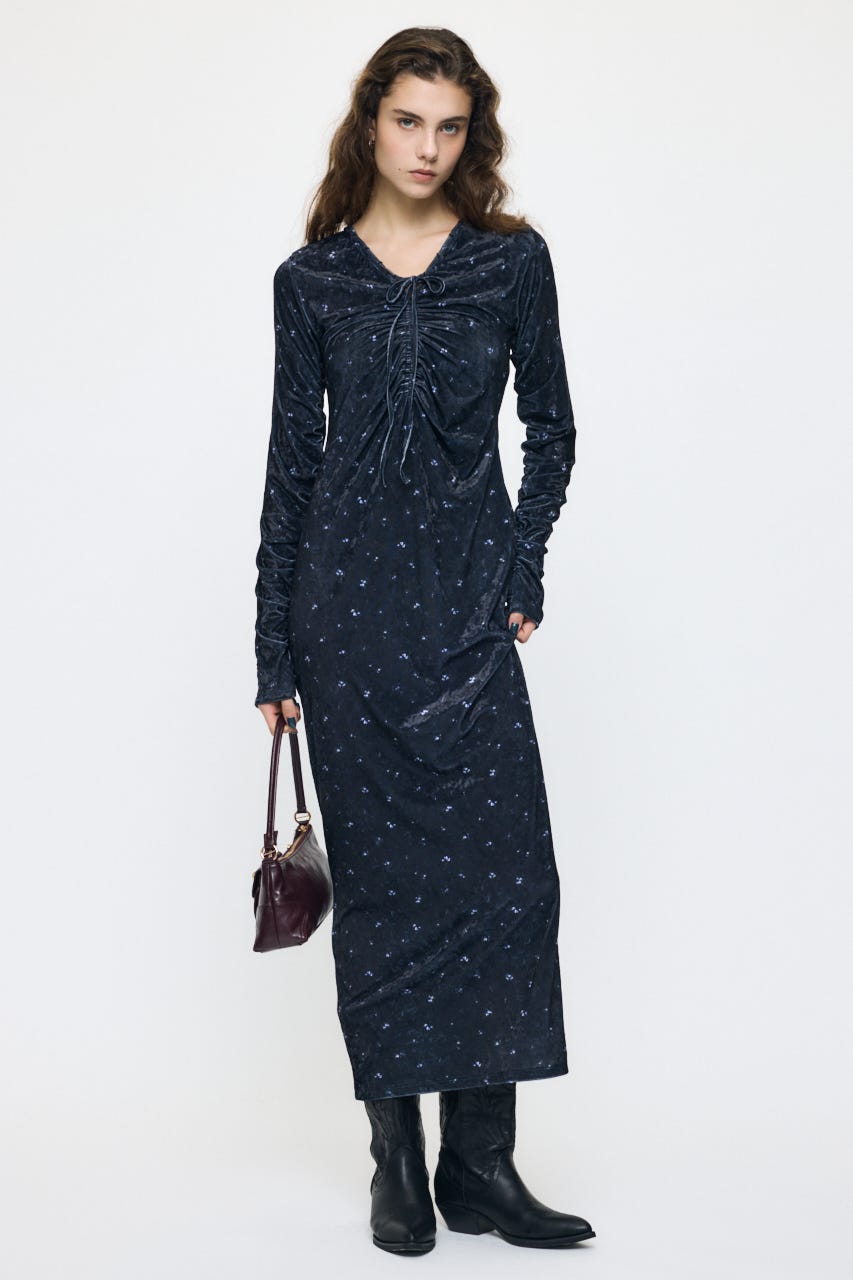 VELOUR V NECK MAXI ドレス 柄BLK 1