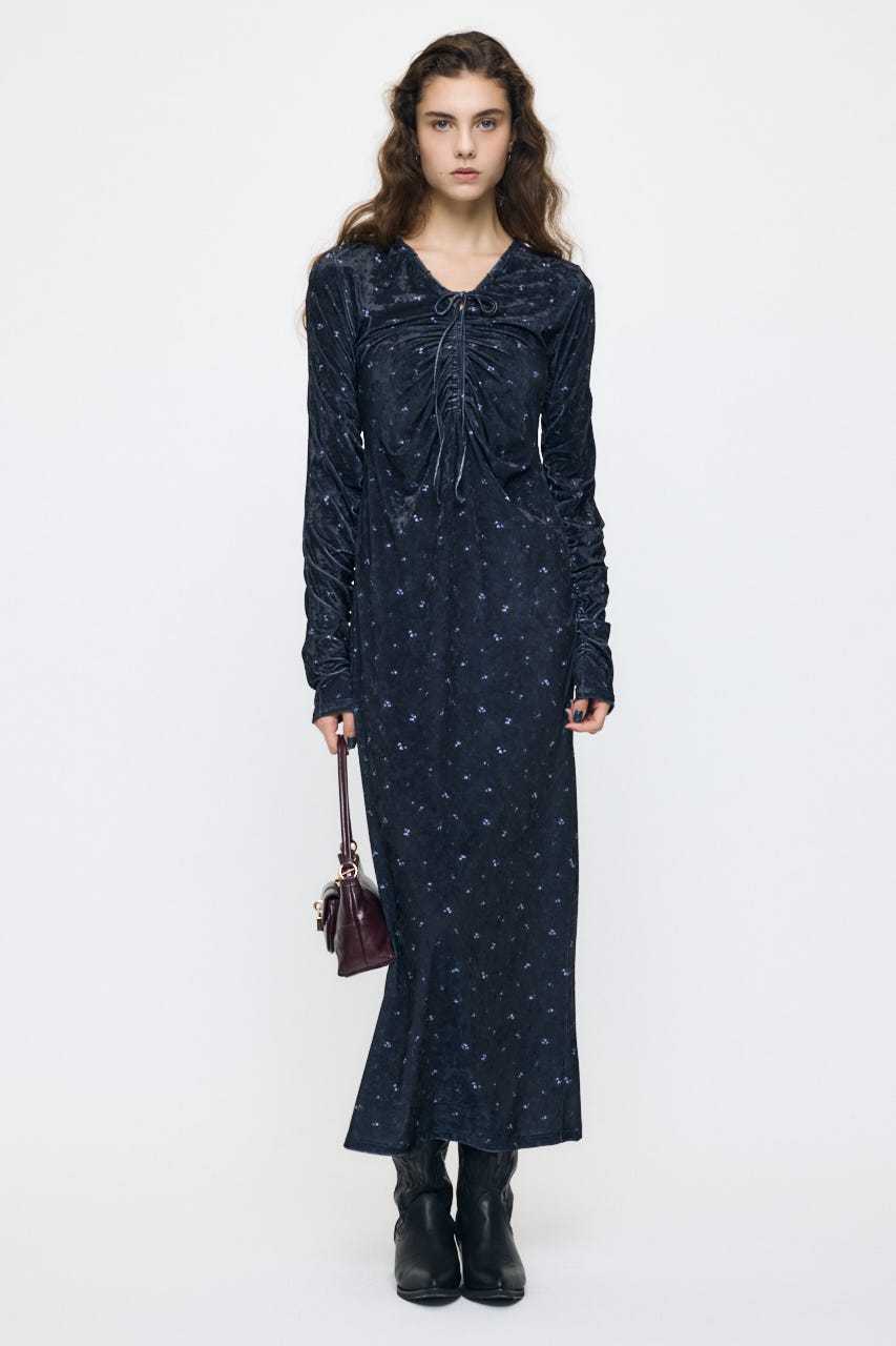 VELOUR V NECK MAXI ドレス 柄BLK 1