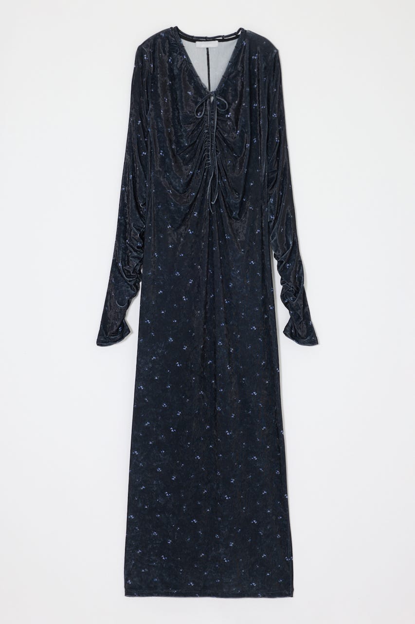 VELOUR V NECK MAXI ドレス 柄BLK 1