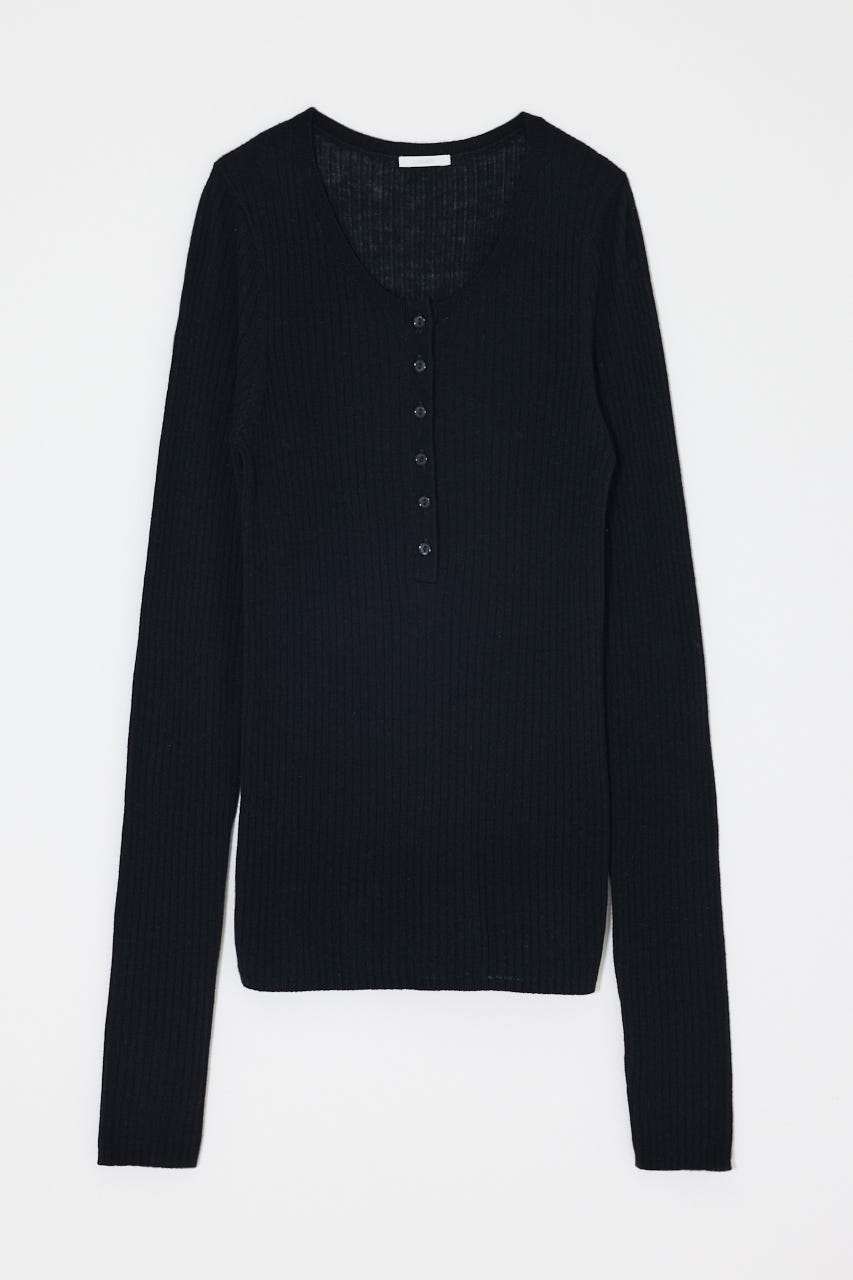 ES SHEER HENRY NECK KNIT トップス BLK FREE