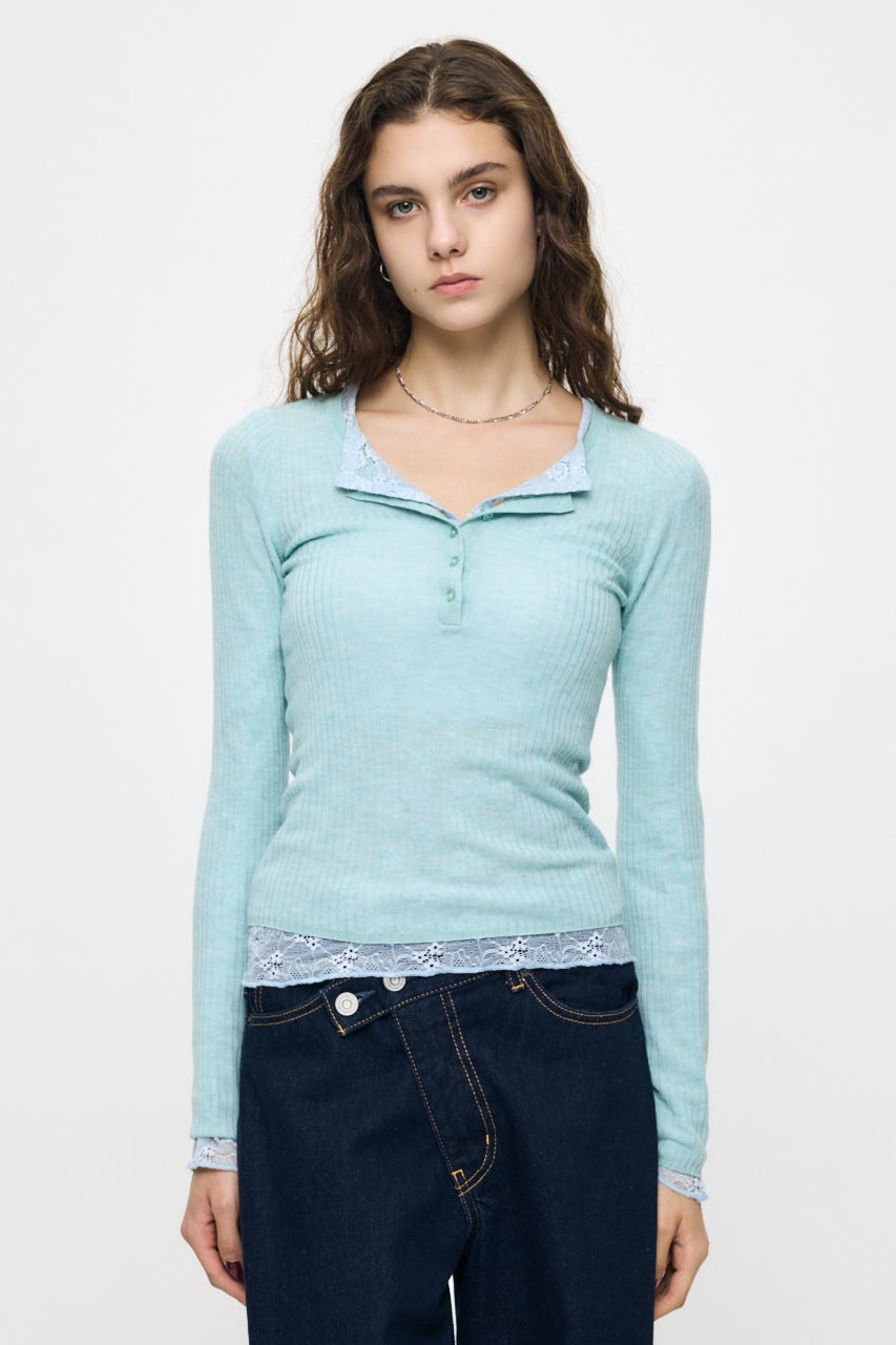 ES SHEER HENRY NECK KNIT トップス L/BLU FREE