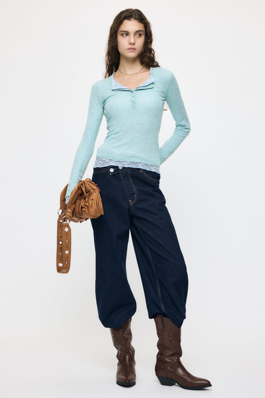 ES SHEER HENRY NECK KNIT トップス L/BLU FREE