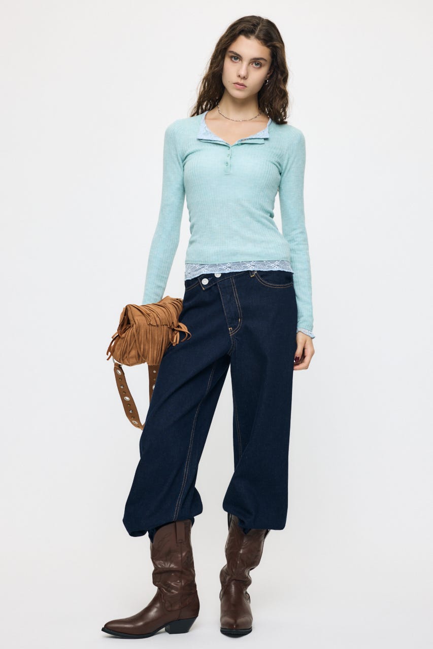 ES SHEER HENRY NECK KNIT トップス L/BLU FREE