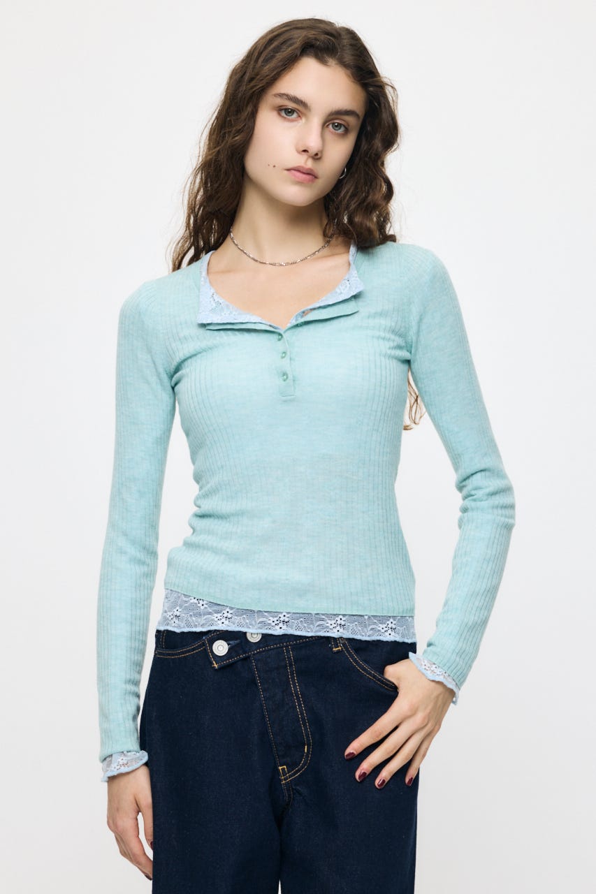 ES SHEER HENRY NECK KNIT トップス L/BLU FREE