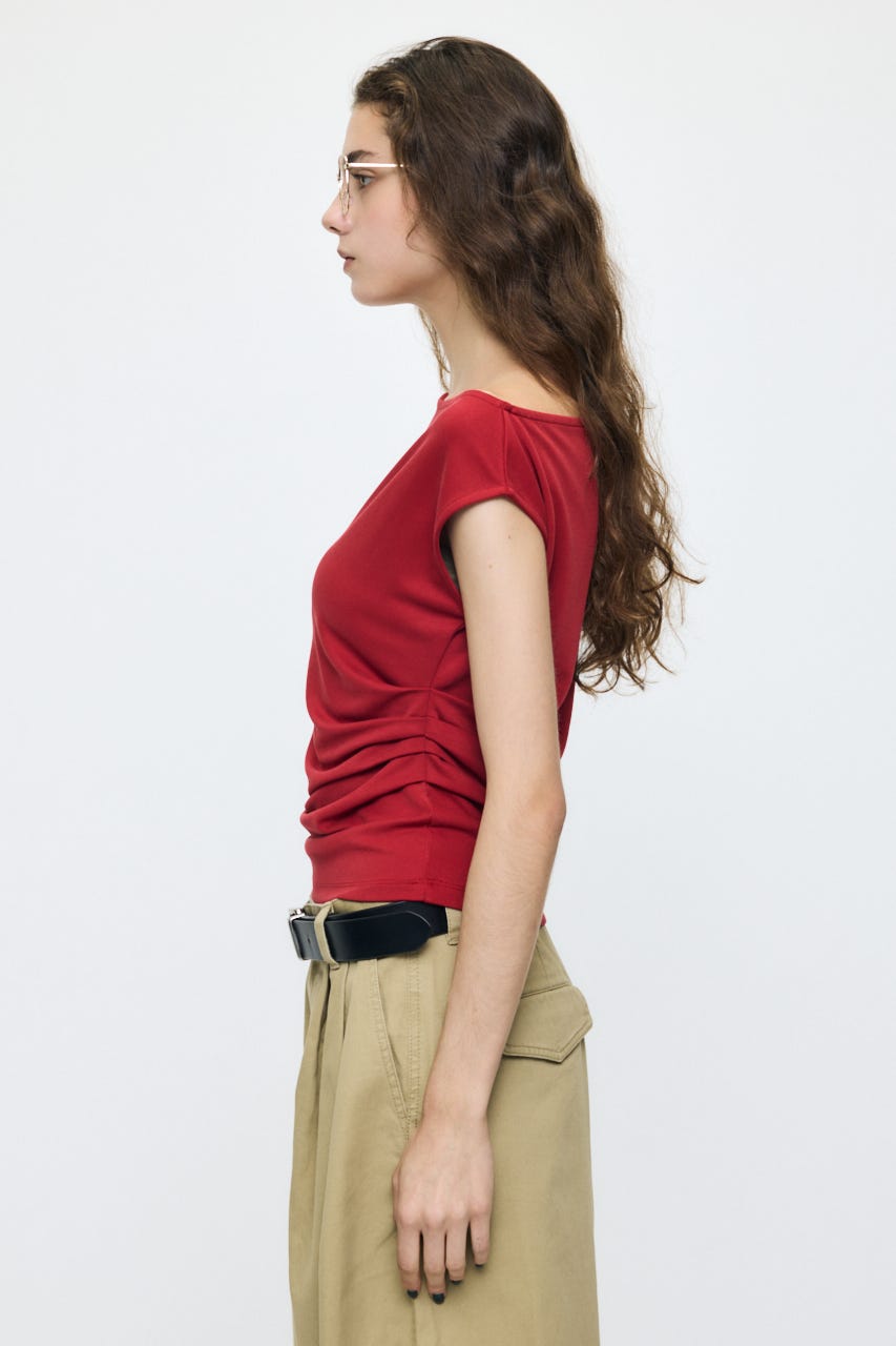 ASYMMETRY NECK RIBBON トップス RED FREE