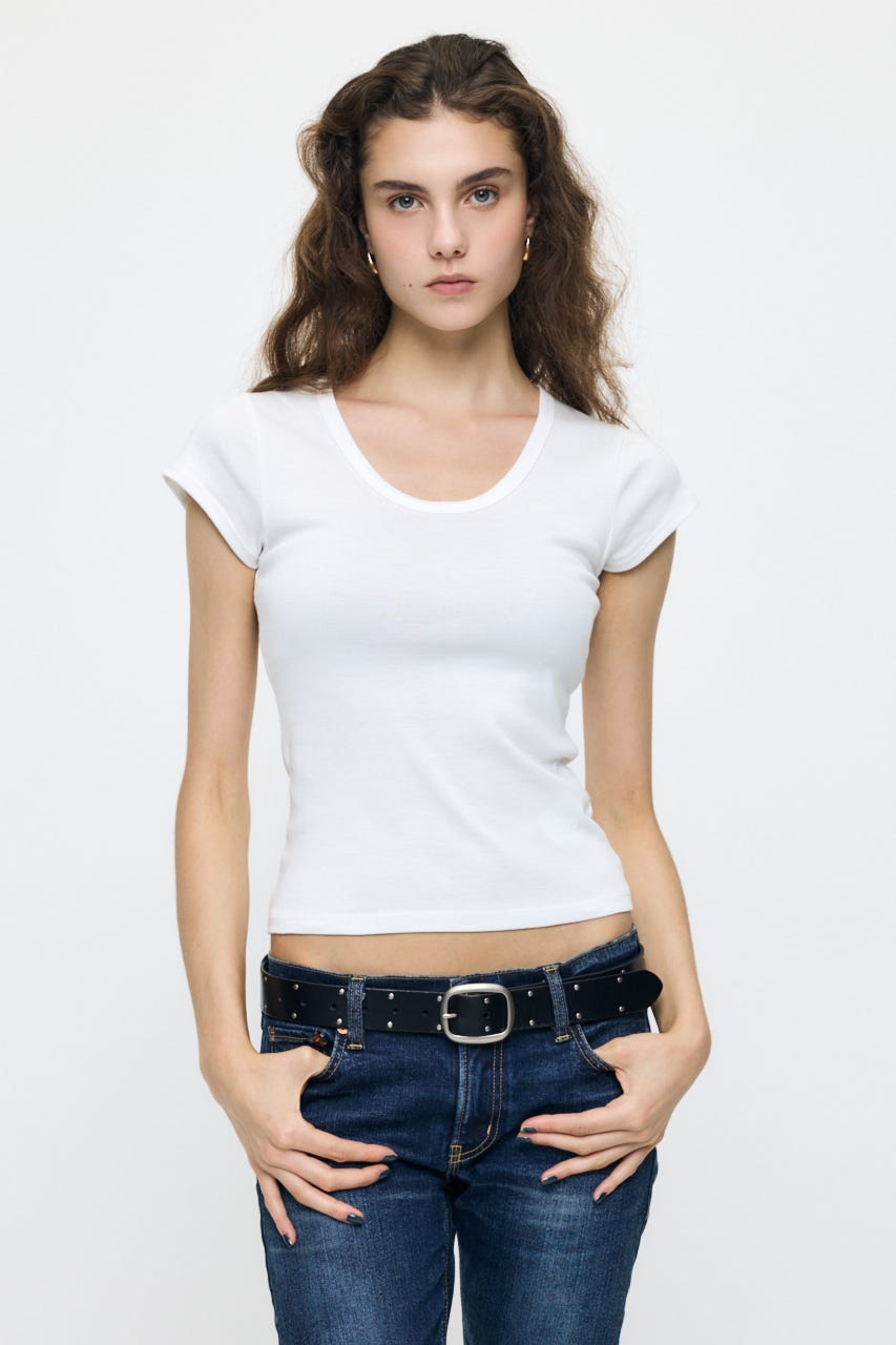SUVIN GIZA PENTAGON NECK TEE WHT FREE