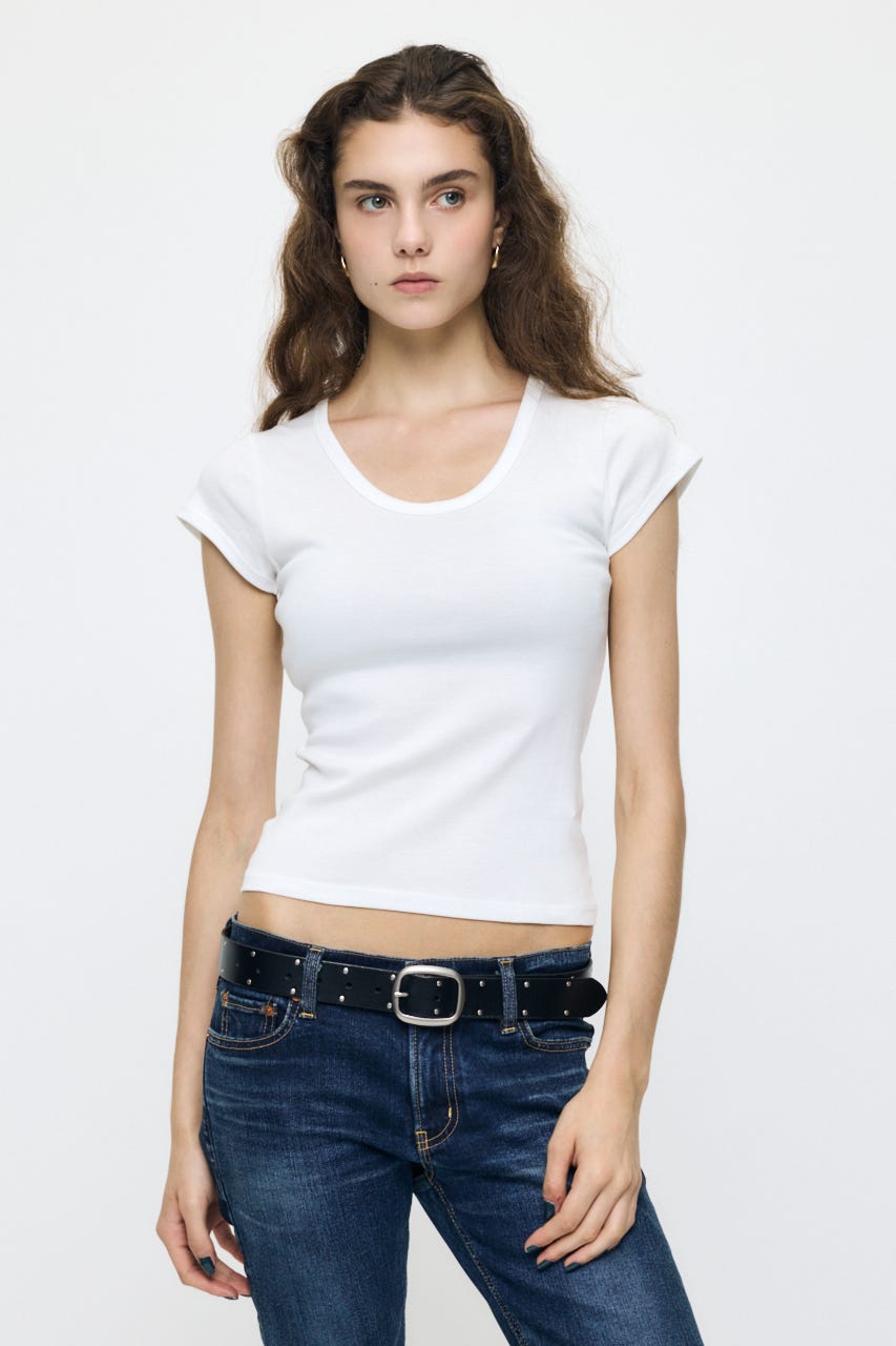 SUVIN GIZA PENTAGON NECK TEE WHT FREE