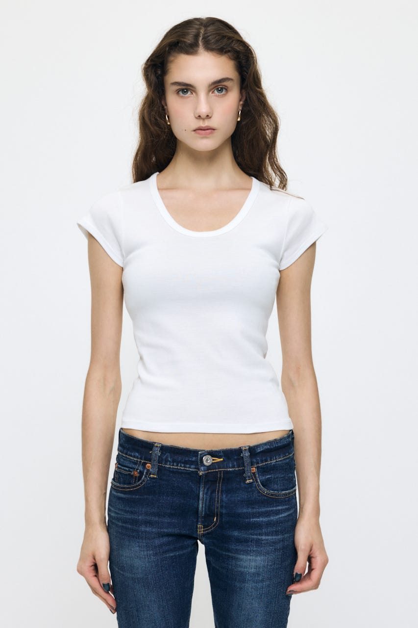 SUVIN GIZA PENTAGON NECK TEE WHT FREE
