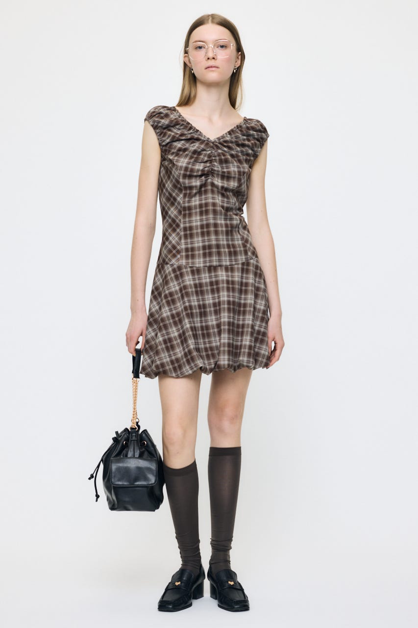 CHECK BALLOON MINI ドレス BRN 1