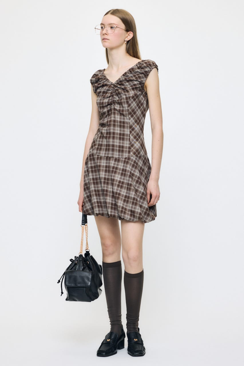 CHECK BALLOON MINI ドレス BRN 1