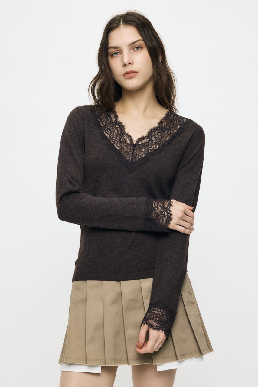 ES V NECK LACE トップス BRN 1